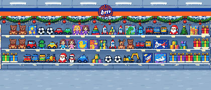 Toy aisle: shelves of teddies, footballs, dolls and boxed toys under tinsel.