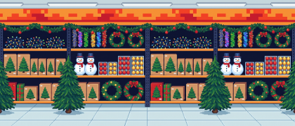 Christmas aisle: trees, wreaths, snowmen and boxed lights.