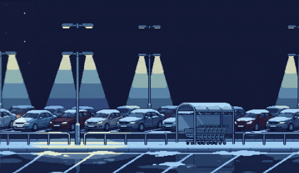 Car park at night: parked cars under street lamps and a trolley shelter.