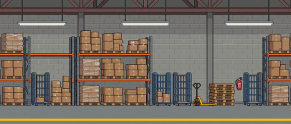 Stockroom: racking stacked with cardboard boxes, roll cages and a pallet truck.