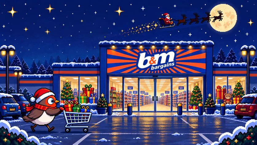 Trolley Dash title screen: a robin in a Santa hat pushes a trolley of presents across a snowy B&M car park at night.